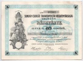 Csurgó 1927. "Somogy-Csurgói Takarékpénztár Részvénytársaság" névre szóló részvénye 10P-ről, szelvényekkel, szárazpecséttel T:XF / Hungary / Csurgó 1927. "Somogy-Csurgói Takarékpénztár Részvénytársaság" Savings Bank's share, with the shareholders name, coupons and embossed stamp C:XF