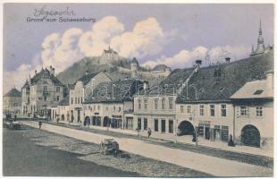 1910 Segesvár, Schässburg, Sighisoara; Fő utca, bor, sör és pálinka, Josef B. Zimermann, Gebruder Zimmermann üzlete. Fritz Teutsch kiadása / main street, shops