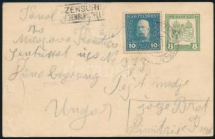 1917 8h díjjegyes díjkiegészített levelezőlap, cenzúrázva / Censored PS-card with additional franking