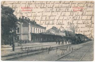 1908 Gyulafehérvár, Alba Iulia, Karlsburg; vasútállomás, gőzmozdony, vonat. Schäser Ferenc kiadása / railway station, locomotive, train (EK)