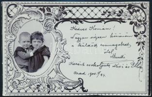 1900 Arad, gyerekek szecessziós keretben, 9×14 cm