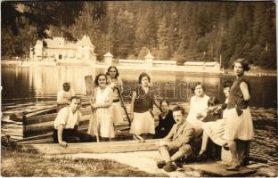 1930 Tusnád, Baile Tusnad; fürdővendégek a tónál, csónakázás / spa guests by the lake, boats. Foto Adler Oscar, photo