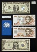 Amerikai Egyesült Államok 1985. 1$ (2x) Federeal Reserve Note kék pecsét, Katherine Davalos Ortega - James Addison Baker + Ausztria 1986. 20Sch (2x) mindegyik bankjegy hologramos felülbélyegzéssel, műanyag lapra ragasztva T:UNC,AU / USA 1985. 1 Dollar (2x) Federal Reserve Note blue seal, Katherine Davalos Ortega - James Addison Baker + Austria 1986. 20 Schilling (2x) all banknotes with holographic overprint, glued to a plastic sheet C:UNC,AU