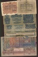 Kis vegyes tétel jobb darabokkal, másodosztályú minőségben 1849. 15kr "Kossuth-bnakó" (2x), 30kr "Kossuth-bankó" (1x), 1904. 10K (1x), 1912. 100K román ellenbélyegzővel (1x), 1918. 200K "hullámos" (1x), 1930. 20P (4x), 1943. 1000P (1x) T:III/IV,IV Összesen 11db!