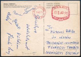 1971 A magyar labdarúgó válogatott tagjai által aláírt képeslap Dunai II., Zászló, Juhász, Péter, Bene, stb / Autograph signed postcard of the Hungarian football team