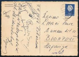 1966 A magyar labdarúgó válogatott tagjai által aláírt képeslap a holland-magyar mérkőzésről Popovics, Sipos, stb / Autograph signed postcard of the Hungarian football team