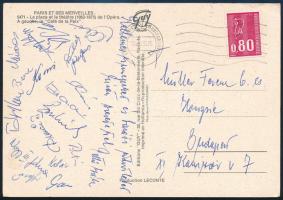 1975 A magyar labdarúgó válogatott tagjai által aláírt képeslap Franciaországból: Mészáros, Dunai III. Kocsi, Fazekas, Bene, Bálint, stb. / Autograph signed postcard of the Hungarian football team from France