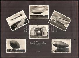 cca 1930 A Graf Zeppelin léghajóról és belső teréről készült 12 db eredeti fotó + 1 képeslap albumlapon 9x12 cm / 12 original photos of the Graf Zeppelin balloon 9x12 cm on page