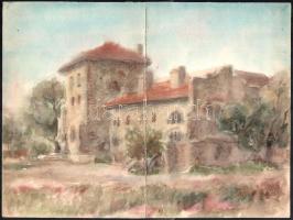 Sostarics Lajos (1896-1968): Kiscell, Schmidt kastély két részből álló kép ca 1950. Akvarell, papír, jelzett 22x32 cm