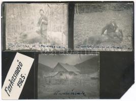 1925 Farkasmező, Erdély, Szilágy-megye emlékképek vadászokról, és az erdész házról sérüléssel 12x8 cm