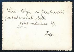 1941 Félixfürdő , Erdély, Bihar-megye, Postahivatal fénykép kívülről a személyzettel, Maksay Piroska...