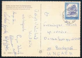 cca 1975 A BHSE (Honvéd) síugróinak aláírásai Ausztriából / Hungarian ski jumper team autograph postcard