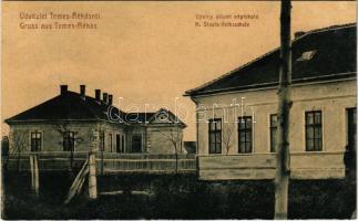 1908 Temesrékas, Temes-Rékas, Rékás, Recas; Újtelep állami népiskola. Tasch Ferenc kiadása / K. Staats Volksschule / school