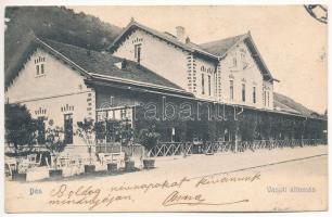 1906 Dés, Dej; vasútállomás. Gálócsi Samu kiadása / railway station (EK) + NAGY-KÁROLY-KOLOZSVÁR 74. SZ. vasúti mozgóposta