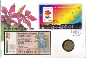 Kína / Hongkong / Orchideafa 1995. 20D + 1993. 2D Cu-Ni felbélyegzett borítékban, alkalmi bélyegzéssel T:VF szép papír, XF China / Hong Kong / Bauhinia 1995. 20 Dollars + 1993. 2 Dollars Cu-Ni in envelope with stamp and cancellation C:VF fine paper, XF