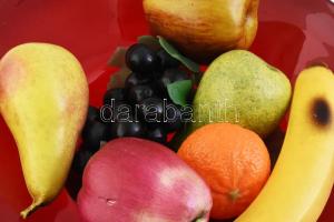 cca 1920 Vörös üveg kínálótál réztalpon d: 35 cm Mű gyümölcsökkel