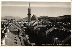 Beszterce, Bistritz, Bistrita; Mussolini utca, evangélikus templom / street, Lutheran church