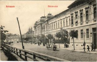 1911 Kolozsvár, Cluj; Malom utca, Városi Polgári fiú iskola, ökörszekér, Diana fürdő, B. Bakla. műasztalos. Fabritius Erik és társa kiadása / street, shop, boy school, spa, oxen cart