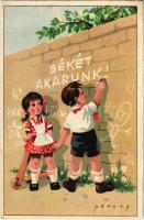 Békét akarunk! Úttörő szocreál propaganda motívumlap. Művészeti Alkotások / Hungarian Pioneer movement, Socialist-Communist propaganda s: Németh (EK)