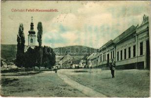 1915 Felsőmecenzéf, Vysny Medzev; utca, templom. Müller Vince kiadása / street, church + "MECZENZÉF M.Á.V." vasúti bélyegzés (EB)