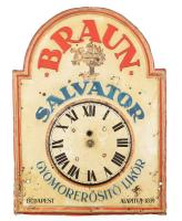 cca 1910 Braun Salvator reklámóra. Hiányos, festett fém. 26x47 cm