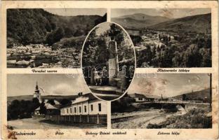 1940 Alsóverecke, Niznije Verecki, Nizsnyi Vorota, Nyzhni Vorota; Vereckei szoros, Fő tér, Latorca hídja, Dobozy Dániel emlékmű / pass, main square, monument, Latorica bridge (tűnyomok / pinmarks)