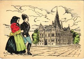 Karánsebes, Caransebes; városház. Kiadja a Délvidéki Egyetemi és Főiskolai Hallgatók Egyesülete / town hall, traditional costumes, irredenta art postcard s: Cs. B. (EK)