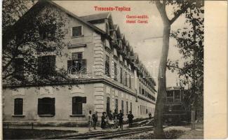 Trencsénteplic, Trencianske Teplice; Garni szálló, villamos. Ondreicska Fábián kiadása / hotel, tram,