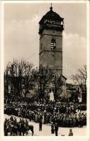 1938 Rozsnyó, Roznava; bevonulás a Rákóczi őrtoronynál / entry of the Hungarian troops, watchtower with irredenta propaganda and Hungarian coat of arms (fl) + 1938 Rozsnyó visszatért So. Stpl