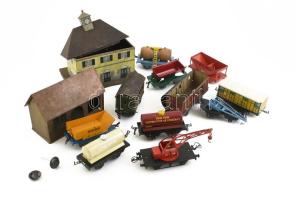 0-s méretű antik bádog vasút modell játékok festett lemez Hornby vagonok 9 db, egyéb régi vagonok, házak