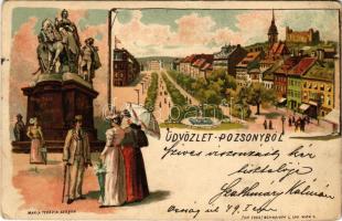 1898 (Vorläufer) Pozsony, Pressburg, Bratislava; Promenade, Maria Theresia Monument / Sétatér, vár, Mária Terézia szobor / promenade, castle, monument. Schneider & Lux No. 1353. Art Nouveau, litho (Rb)