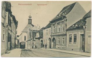 1913 Nagyszeben, Hermannstadt, Sibiu; Sporergasse / utca, villamos. G. A. Seraphin kiadása. Chromophot v. Jos. Drotleff / street view, tram (Rb)