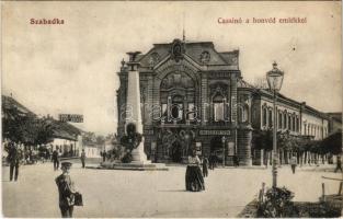 1912 Szabadka, Subotica; Honvéd emlékmű (Kaponyai csata emlékműve), Nemzeti Kaszinó, Délvidéki Önsegélyző Szövetkezet / Hungarian military monument, casino, savings bank (tűnyomok / pin marks)