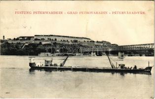 Újvidék, Novi Sad; Pétervárad vár, "KLÁRA" uszály, vasúti híd / Grad Petrovaradin / Festung Peterwardein / castle, fortress, railway bridge, barge (fa)