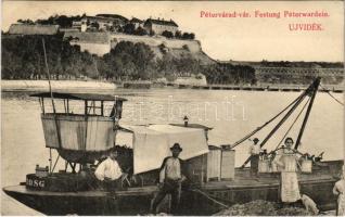 1914 Újvidék, Novi Sad; Pétervárad vár, DDSG uszály, vasúti híd. Urbán Ignác kiadása / Grad Petrovaradin / Festung Peterwardein / castle, fortress, railway bridge, barge (EK)