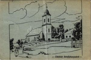 1940 Magyarókereke, Majerou, Alunisu (Bánffyhunyad, Huedin); Magyarókereki református templom / Calvinist church in Alunisu + 1940 Bánffyhunyad visszatért So. Stpl. (fa)