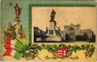 1915 Budapest VII. Baross szobor, Központi (Keleti) pályaudvar, vasútállomás. Magyar címeres hazafias litho keret (EB)