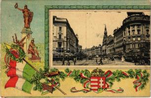 1915 Budapest VIII. Erzsébet körút, villamosok, útépítés, fogorvos, takarékpénztár. Magyar címeres hazafias litho keret (EK)