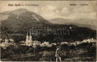 Felsőbánya, Baia Sprie; templomok, kiránduló férfi. Dácsek Péter kiadása / churches, hiking man (EK)