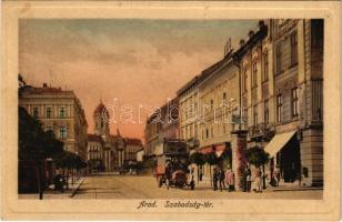 1914 Arad, Szabadság tér, autóbusz, Rozsnyay gyógyszertár, üzletek. Juhász és Társa kiadása / square, autobus, pharmacy, shops (fl)