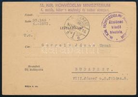 1931 M. Kir. Honvédelmi Minisztérium 4. osztály háborús veszteségi és hadisír alcsoport levelezőlapj...