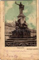 1900 Arad, Vértanú szobor, Löwy Herman üzlete. Lengyel L. kiadása / martyrs statue, shops (vágott / cut)