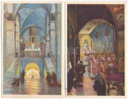 17 db RÉGI használatlan Hollós Endre vallásos művészlap. Kiadja A Szentföld biztosi hivatala / 17 unused pre-1945 religious art postcards signed by Endre Hollós