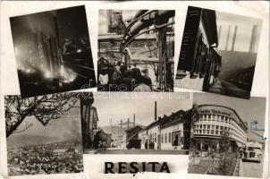 1958 Resica, Resita; vasgyári részletek a munkásokkal, utca, Magazin Universal üzletház, autóbusz, munkástelep / iron works, factory, bus, colony, shop, street (EK)