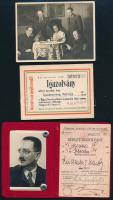 cca 1930-43 Lindenberg Károly 3 db okmánya (bejelentést igazoló szelvény, Magyar Nemzet előfizetői igazolvány, MÁV igazolvány) és egy enteriőr fotó családja körében, háttérben festményekkel, 9x11,5 cm
