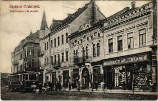 1914 Miskolc, Széchenyi utca, Miskolczi Árú csarnok, Bartos Jakab, Kohn Henrik, Bodega üzlet, Phönix biztosító, Diósgyőri villamos (EK)