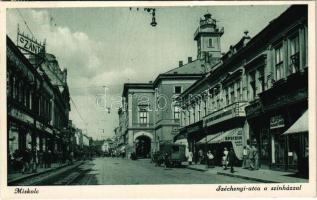1937 Miskolc, Széchenyi utca, színház, Epstein, Merino, Ábrahám, Szántó és dohány üzlet, autó (EK)