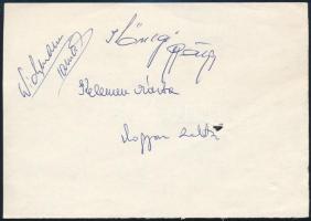 4 magyar sportoló autográf aláírása lapon Wichmann Tamás (1948-2020), Kőszegi György (1950-2001), Magyar Zoltán (1953-) és Kelemen Márta (1954-).