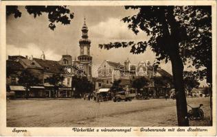 1939 Sopron, Várkerület, Várostorony, Karner üvegáruház, piac, teherautó, üzletek (b)