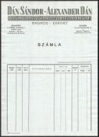 cca 1940 Dán Sándor gyümölcs és zöldség export, Bp. X., Strobl Alajos u., kitöltetlen fejléces számla, levelezőlap és boríték